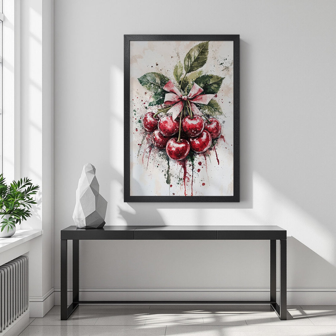 Framed Poster of watercolor cherries with a pink bow, red and green tones, perfect for kitchen decor.
