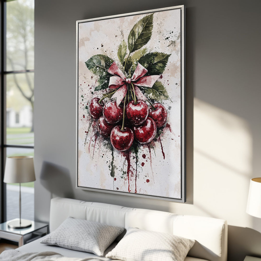 Framed Wall Art: Watercolor cherries with green leaves and a pink bow. Red and green color palette. Modern art for kitchen or dining room decor.