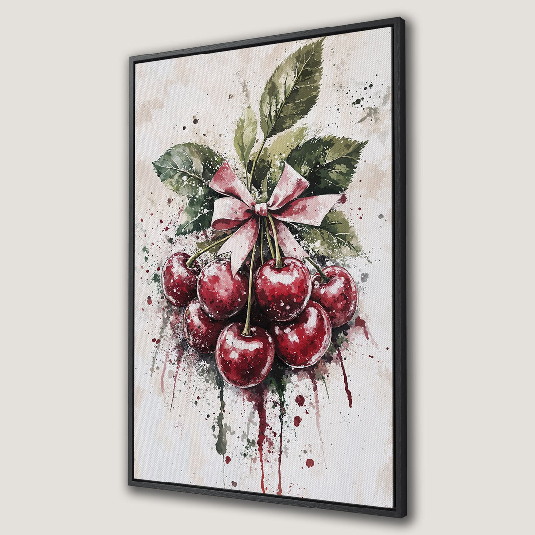 Framed Wall Art featuring a watercolor painting of ripe cherries with green leaves and a pink bow. Warm, vibrant red and green color palette.