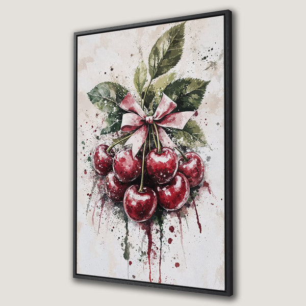Framed Wall Art featuring a watercolor painting of ripe cherries with green leaves and a pink bow. Warm, vibrant red and green color palette.