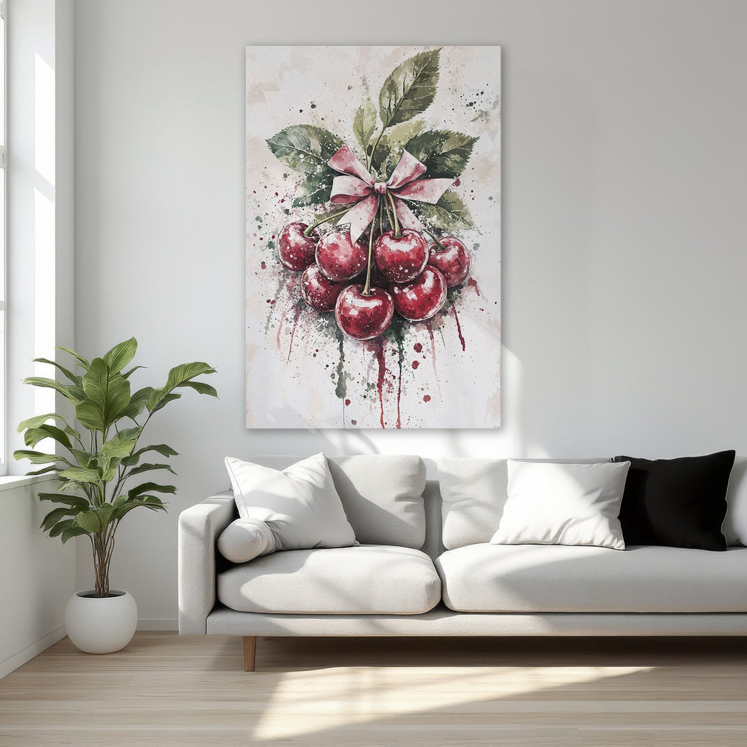 Framed Wall Art: Watercolor cherries painting in a bedroom. Features a red, green, and cream color palette. Perfect for adding a touch of elegance.