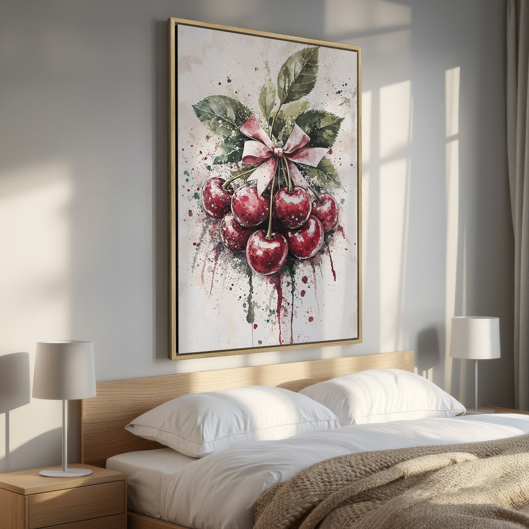 Framed Wall Art featuring watercolor cherries with a pink bow. Beautiful red and green color palette. Perfect for kitchen or bedroom decor.