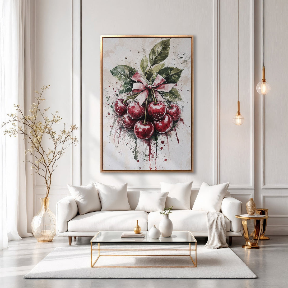 Framed Wall Art: Watercolor cherry print in a gold frame. Adds a pop of red to a neutral living room. Perfect for kitchen or dining room decor.