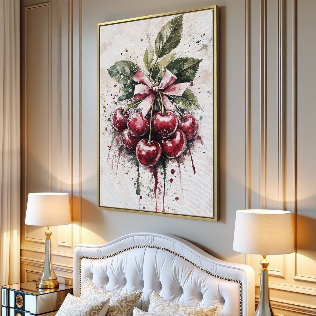 Canvas Print of watercolor cherries with a pink bow, in a modern interior. Features red, green, and neutral tones. Perfect wall art for your home!