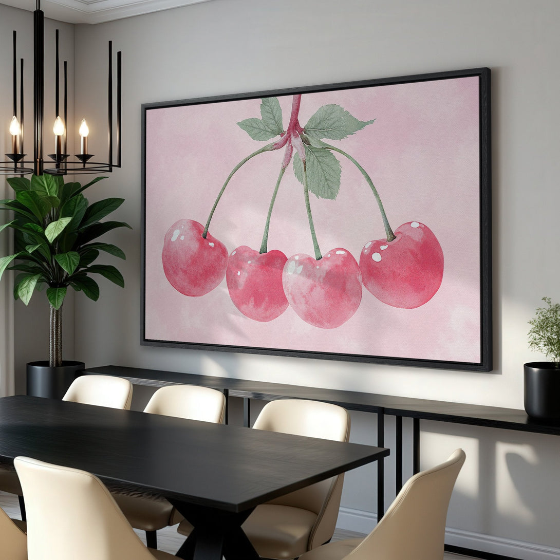 Framed Wall Art: Watercolor cherry print in pink hues. Modern botanical art for your dining room. Elevate your space with this stylish canvas print.