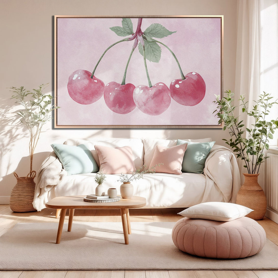 Framed Wall Art of watercolor cherries in a pink and green palette, perfect for adding a touch of elegance to your living room decor.