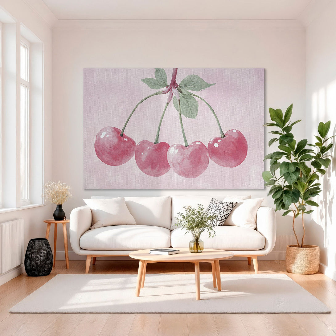 Framed Wall Art featuring watercolor cherries in pink and red hues. Perfect for adding a touch of elegance to any room.