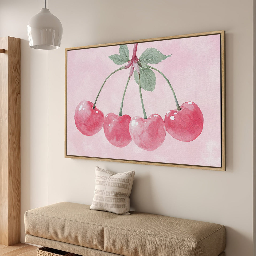 Framed Wall Art: Watercolor cherries in pink tones. Add a touch of sweetness to your space with this charming canvas print!