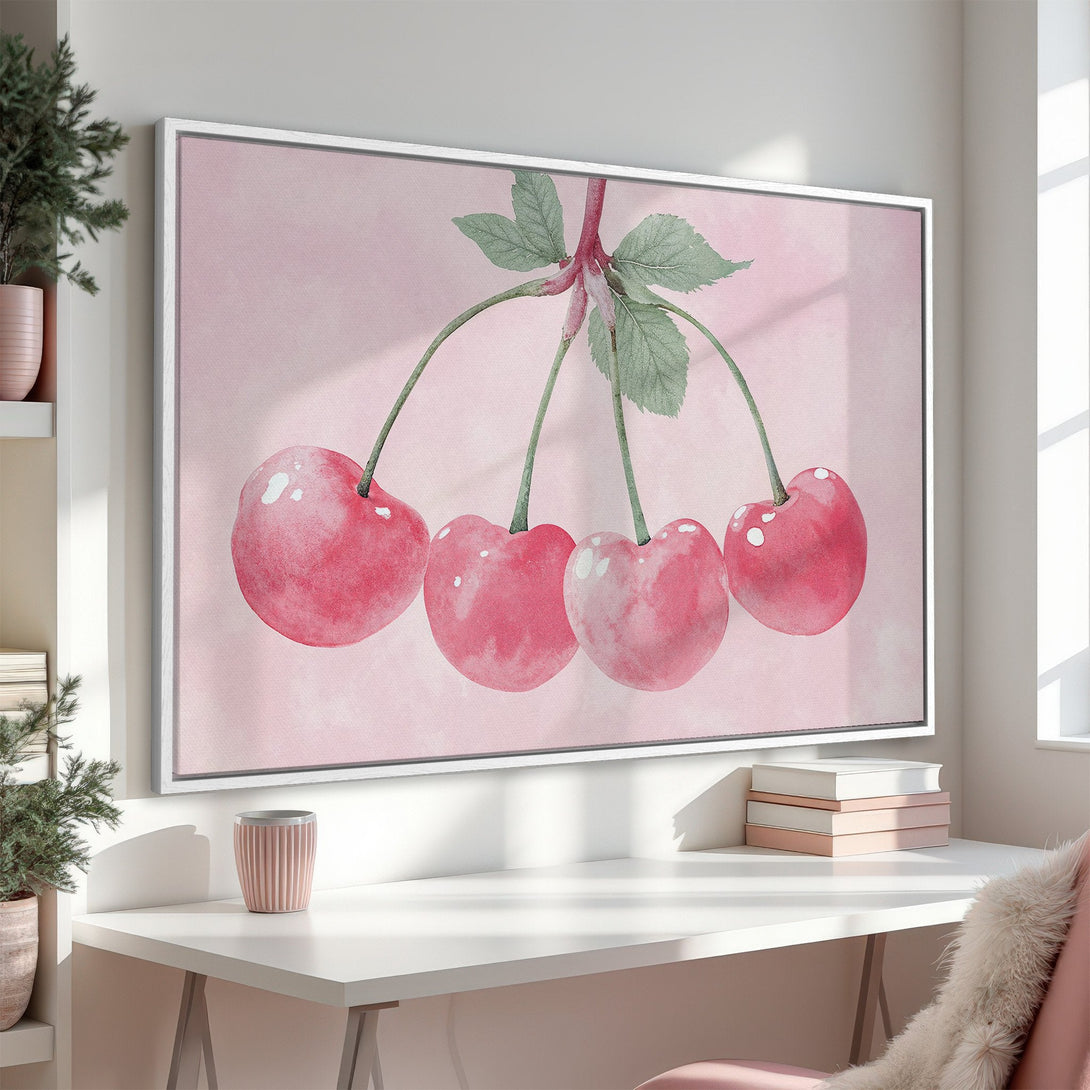Watercolor Canvas Print of cherries in a pink palette. Perfect wall art for a feminine or modern interior. Shop now!