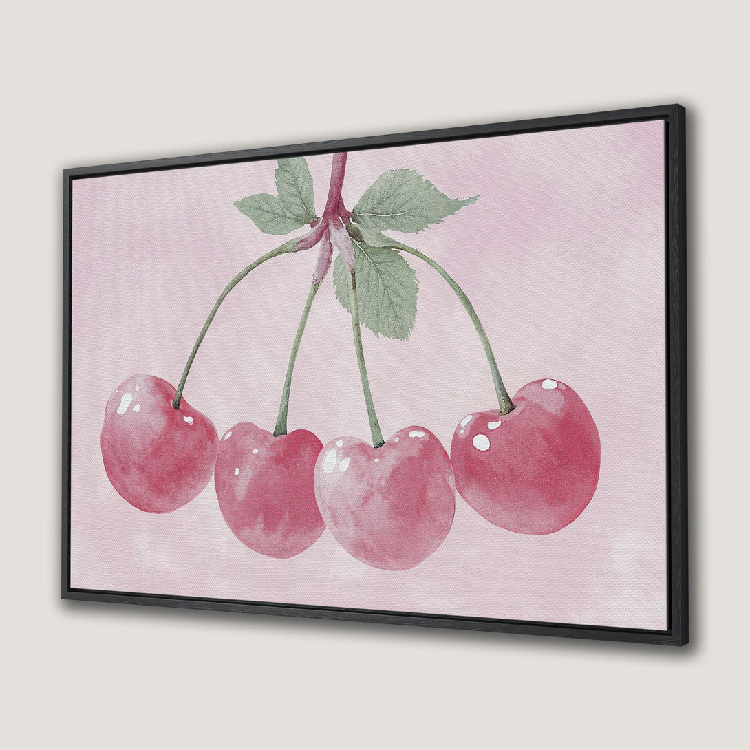 Framed Wall Art: Watercolor cherries in pink hues. Add a touch of sweetness to your space with this charming canvas print!