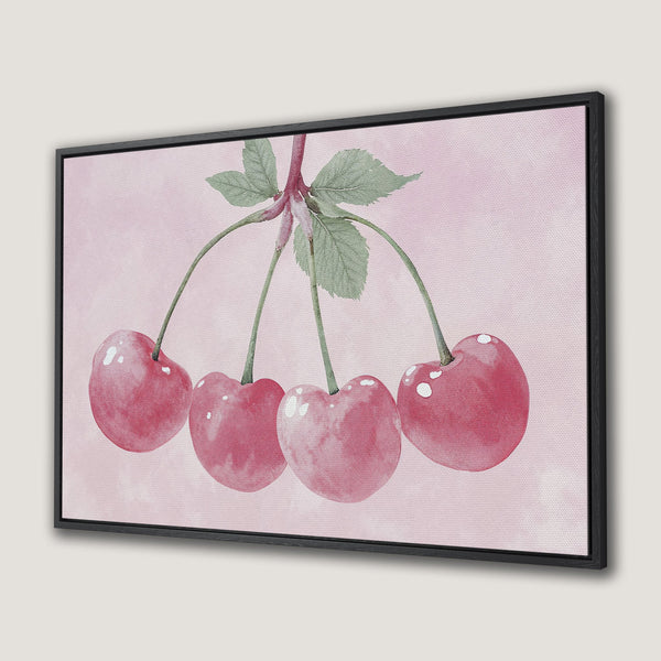 Framed Wall Art: Watercolor cherries in pink hues. Add a touch of sweetness to your space with this charming canvas print!