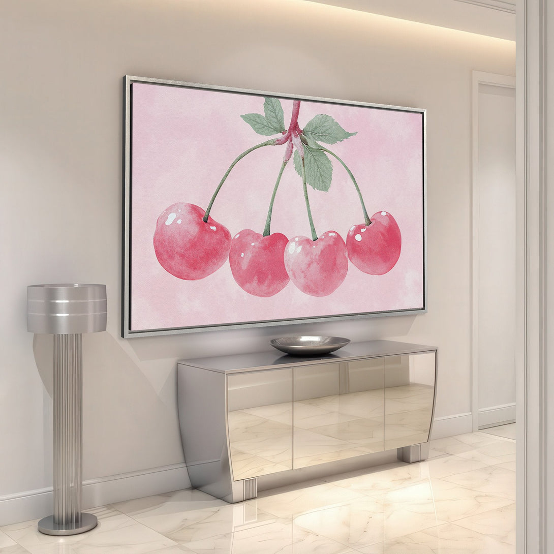 Framed Wall Art featuring watercolor cherries in pink hues. Perfect for adding a touch of elegance to any space. Shop now!