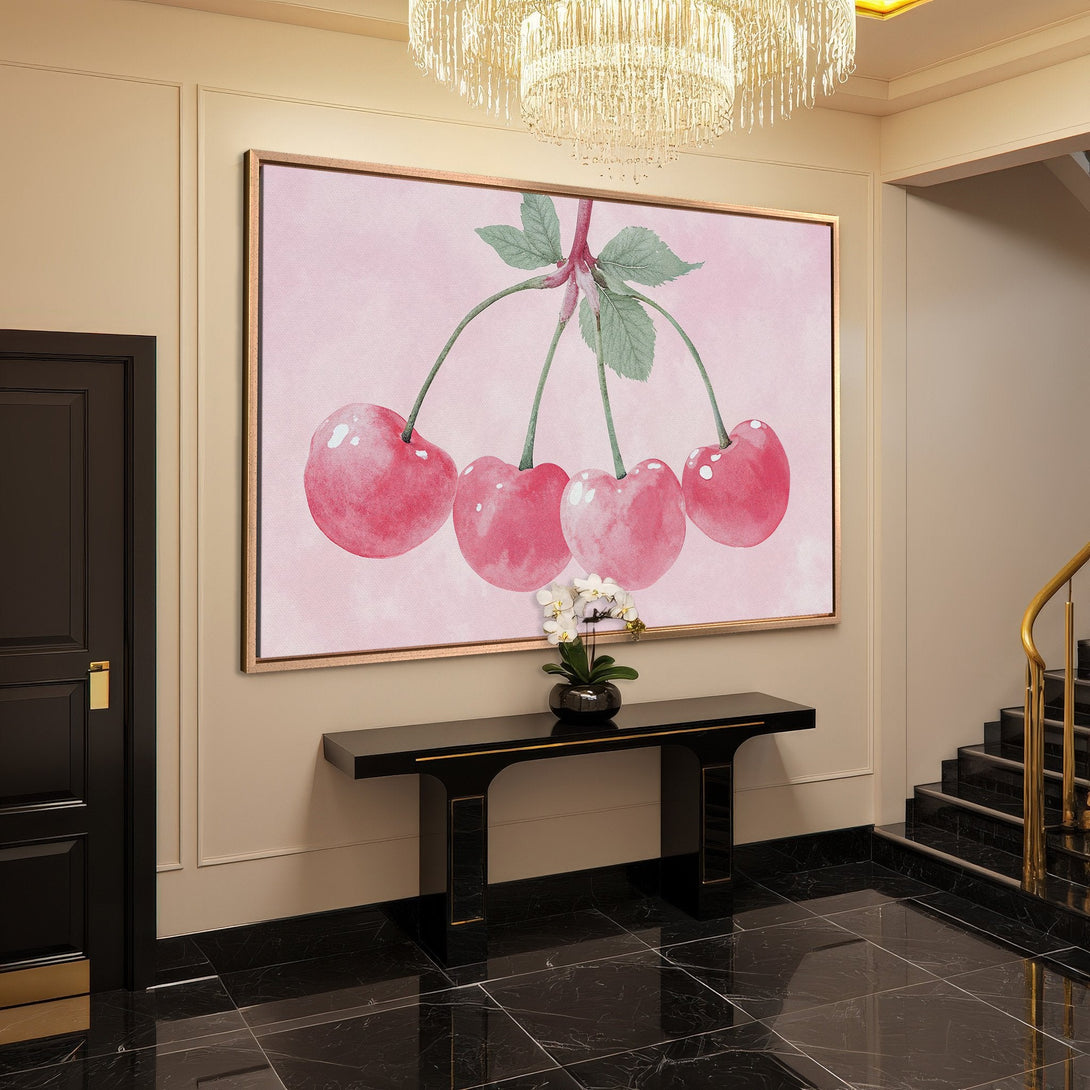 Framed Wall Art: Watercolor cherries in pink tones. Add a touch of elegance with this beautiful canvas print. Perfect for a modern interior.