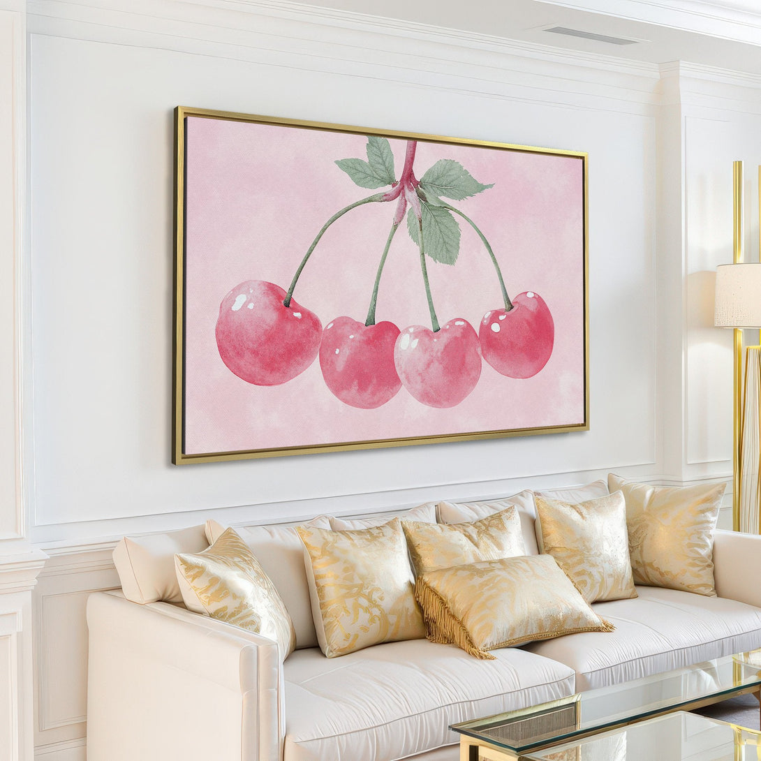 Canvas Print of watercolor cherries in a modern interior. Soft pink and green palette, perfect for a touch of art and color.