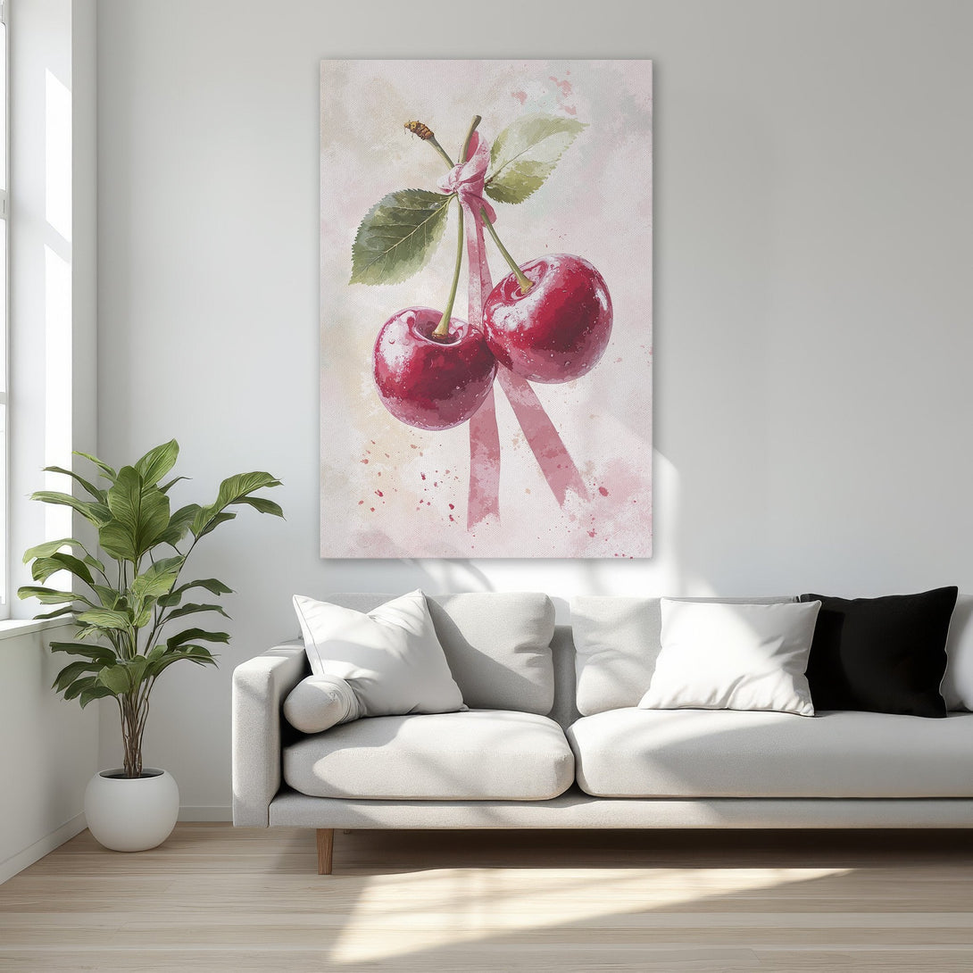 Framed Wall Art: Watercolor cherries in a gold frame, adding a touch of elegance. Soft pink & green tones create a serene, inviting aesthetic. Perfect for bedroom decor!