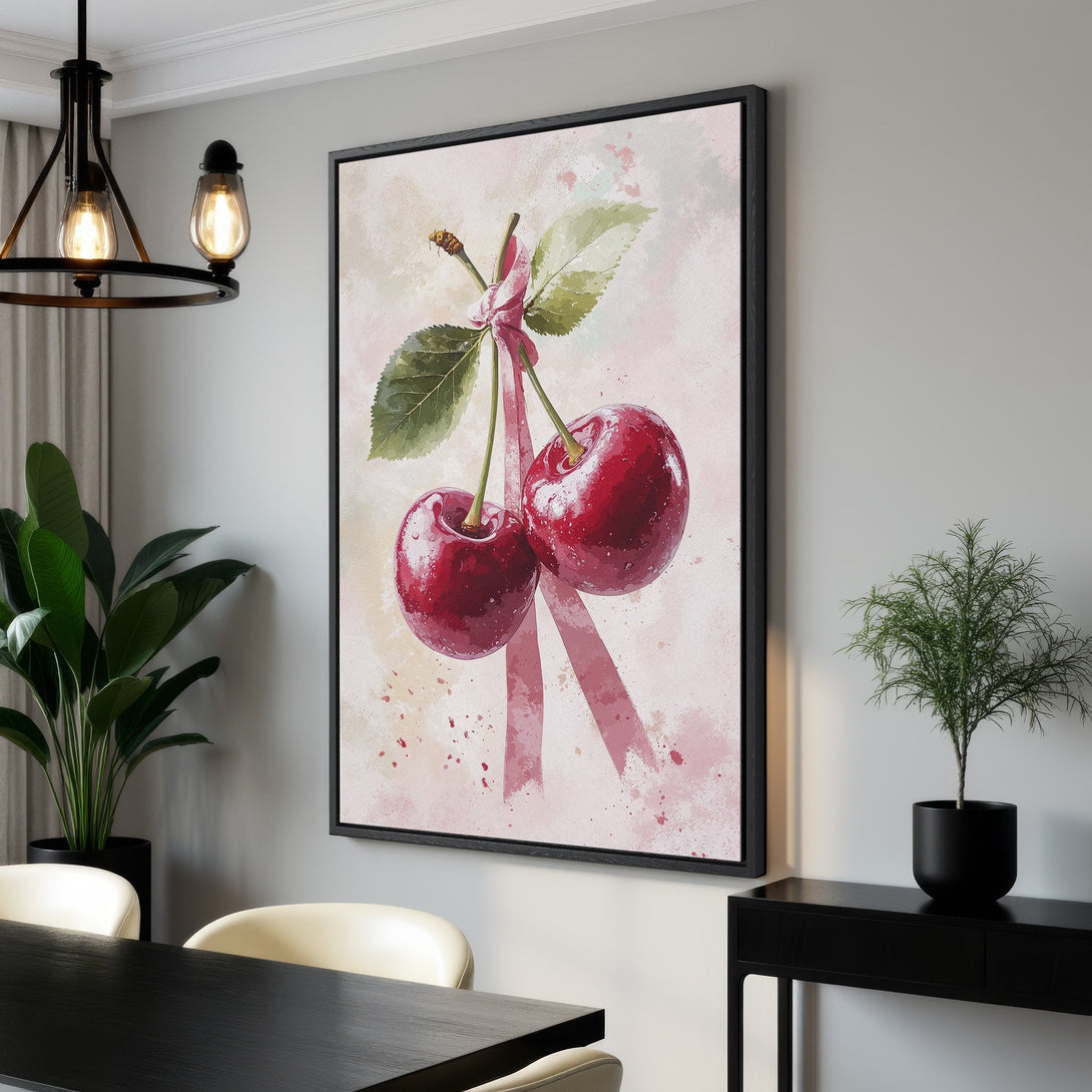 Framed Wall Art: Watercolor cherries in a pink & green palette. Add a touch of elegance to your dining room with this beautiful canvas print!