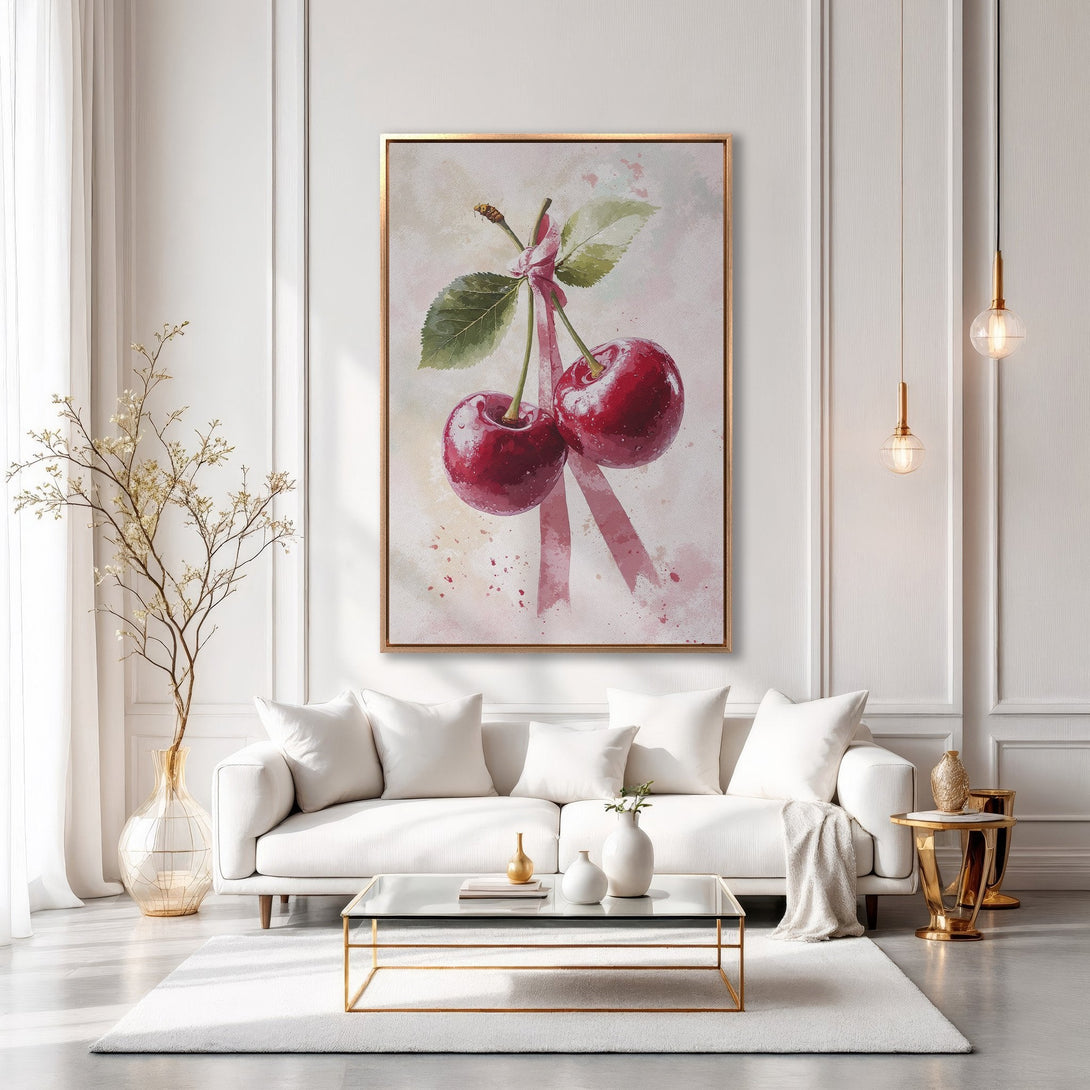 Framed Wall Art: Watercolor painting of cherries in a modern living room. Red fruit on a pink background, gold frame. Perfect for kitchen or dining room decor.