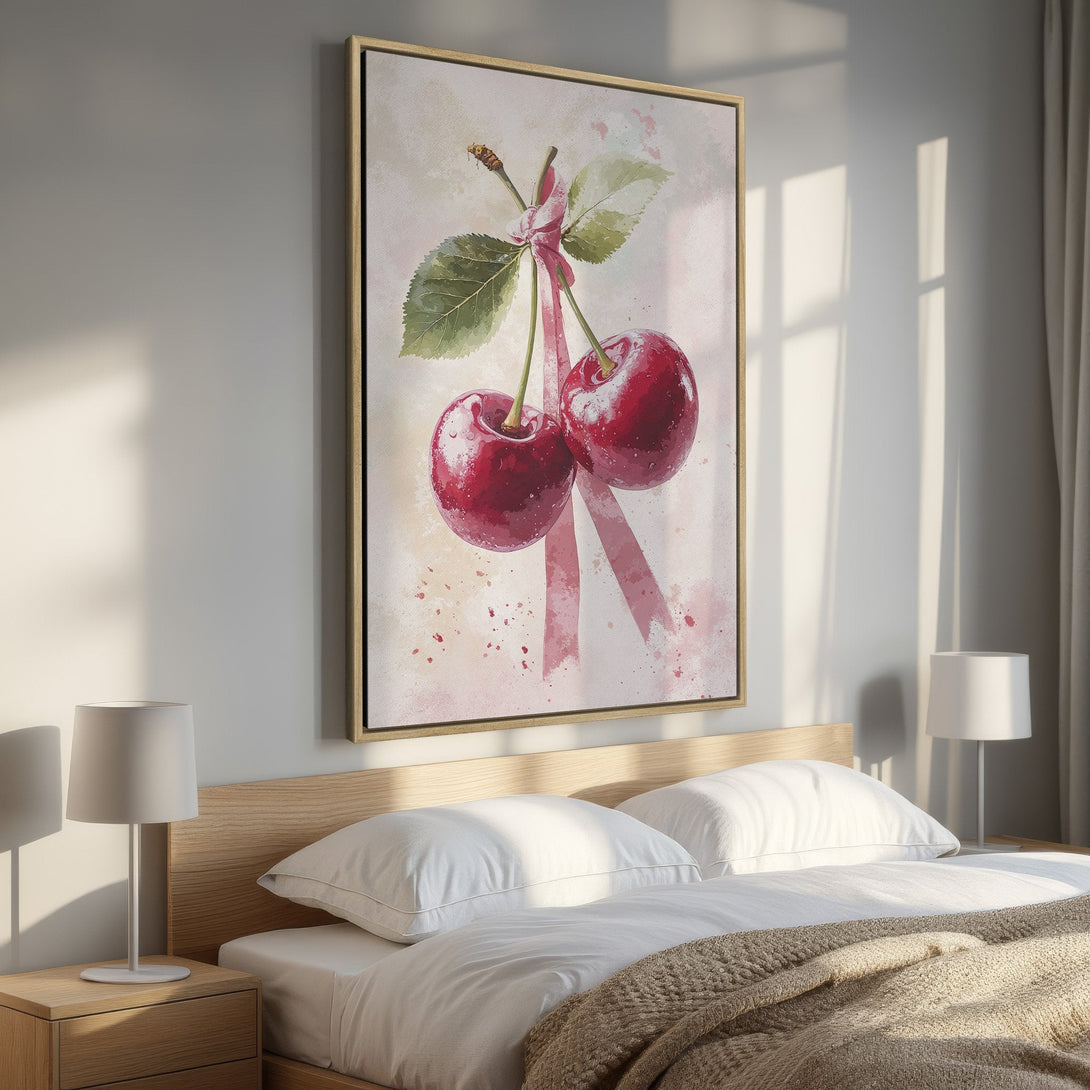 Framed Wall Art: Watercolor cherries in a bedroom. Red and pink fruit painting with a neutral, warm color palette. Perfect for kitchen or dining.