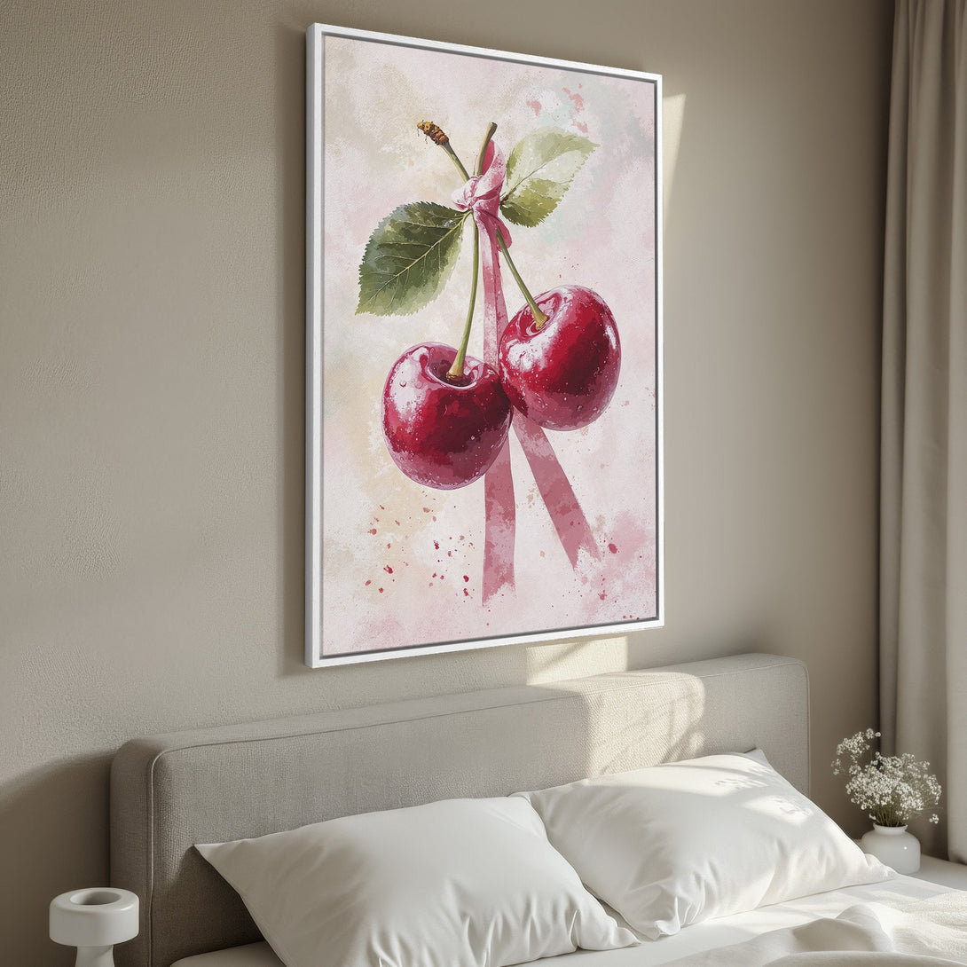 Framed Wall Art: Watercolor cherries in a bedroom. Romantic art with a pink and red color palette. Perfect bedroom decor.