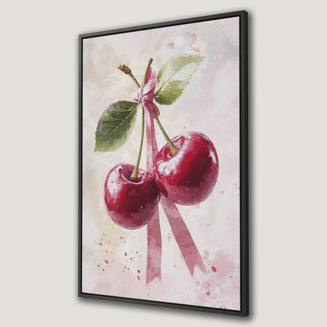 Framed Wall Art: Watercolor painting of ripe cherries with ribbon, in a soft pink and red color palette. Perfect for kitchen or dining room decor.