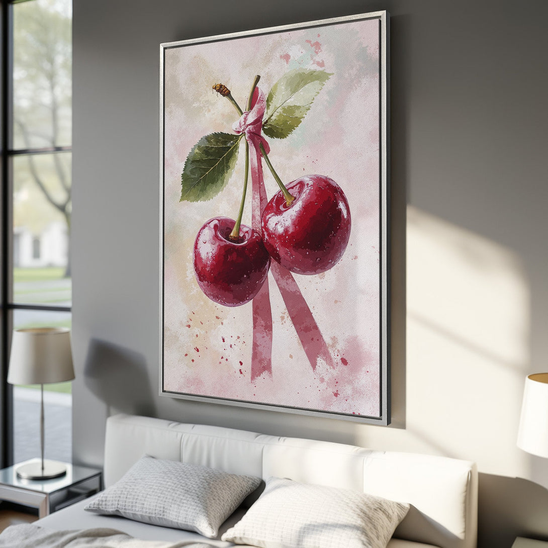 Framed Wall Art featuring a watercolor painting of cherries. Delicate style with a pink and red color palette, perfect for kitchen or dining room decor.