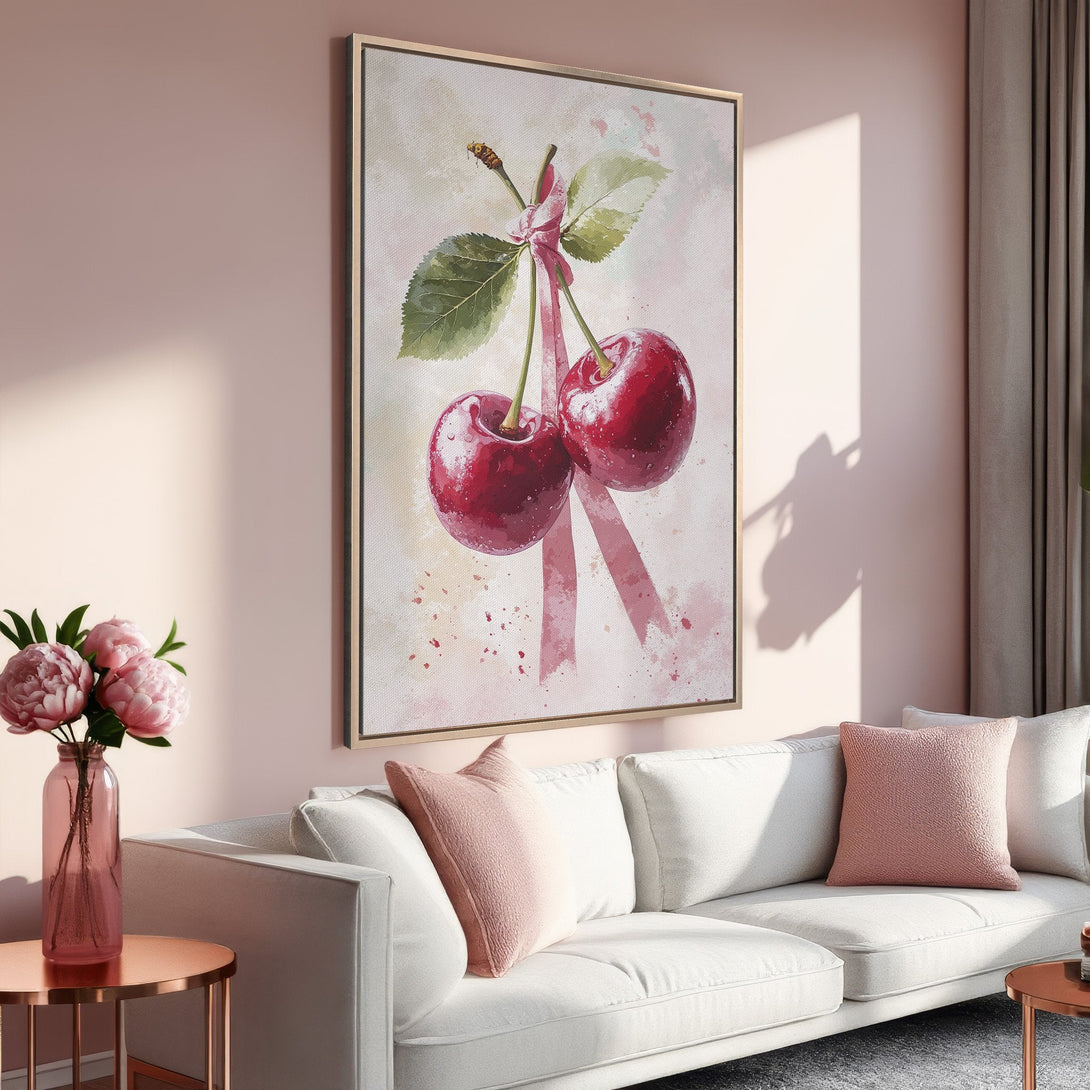 Framed Wall Art: Watercolor cherries in a soft, romantic style. Perfect for adding a touch of elegance to your home decor. Featuring a blush pink and green palette.