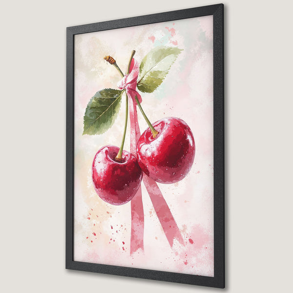 Framed Poster featuring watercolor cherries with a pink and red color palette, perfect for kitchen or dining room decor.