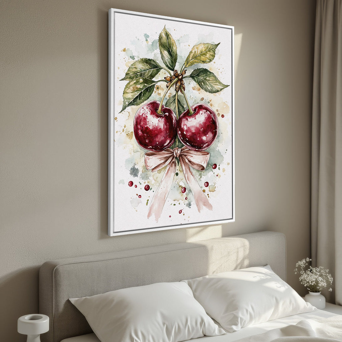 Framed Wall Art: Watercolor cherry print in a bedroom. Features a vibrant red and green color palette, perfect for adding a touch of elegance to any room.