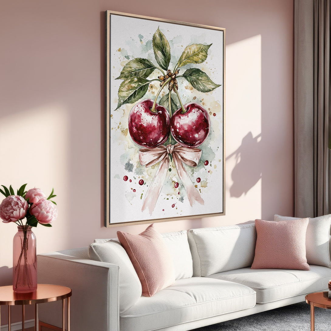 Framed Wall Art featuring watercolor cherries in a blush and green palette. Perfect for adding a touch of elegance and charm to your home decor.