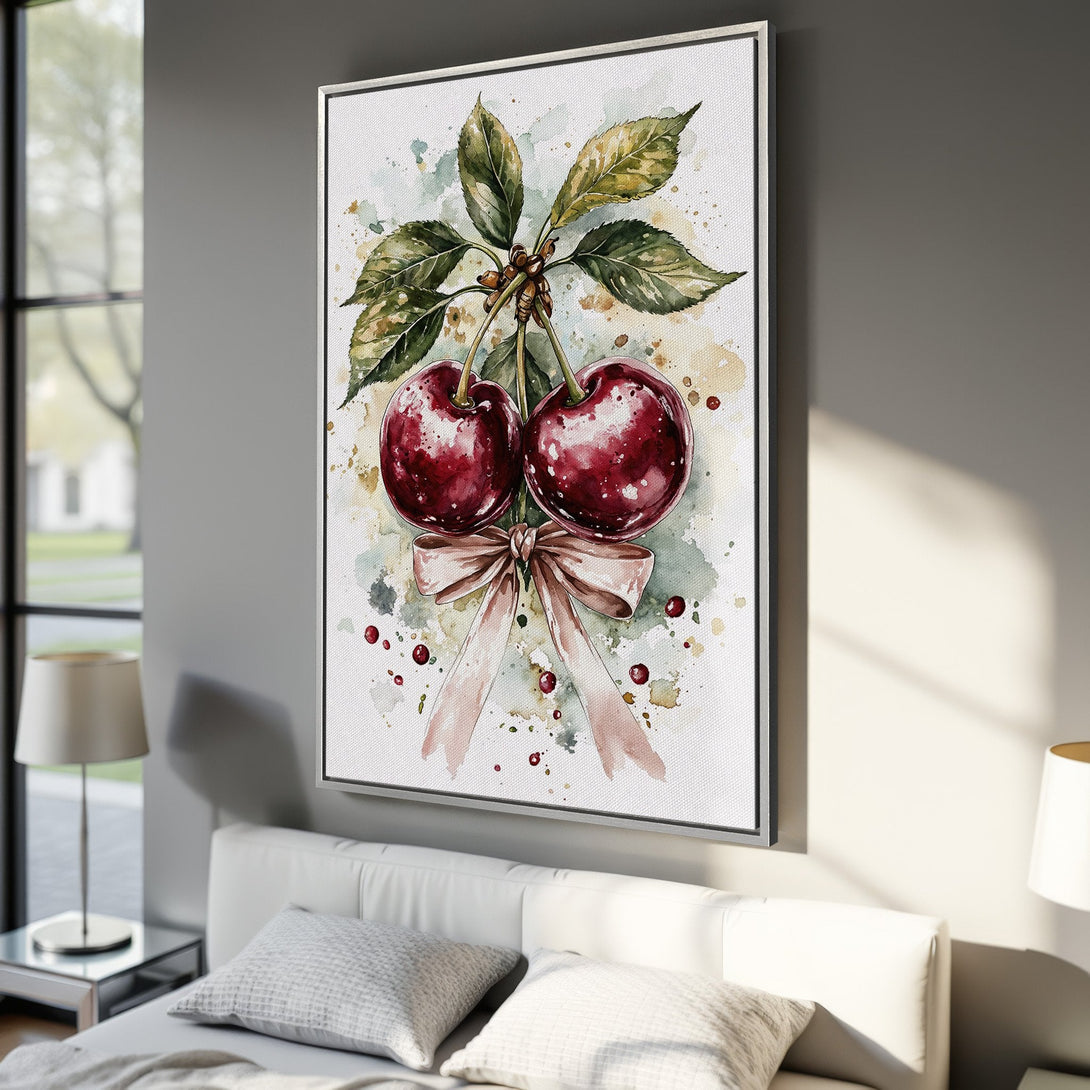 Framed Wall Art: Watercolor cherries print. Elegant botanical art in shades of red, green, and blush. Perfect for kitchen or bedroom decor.