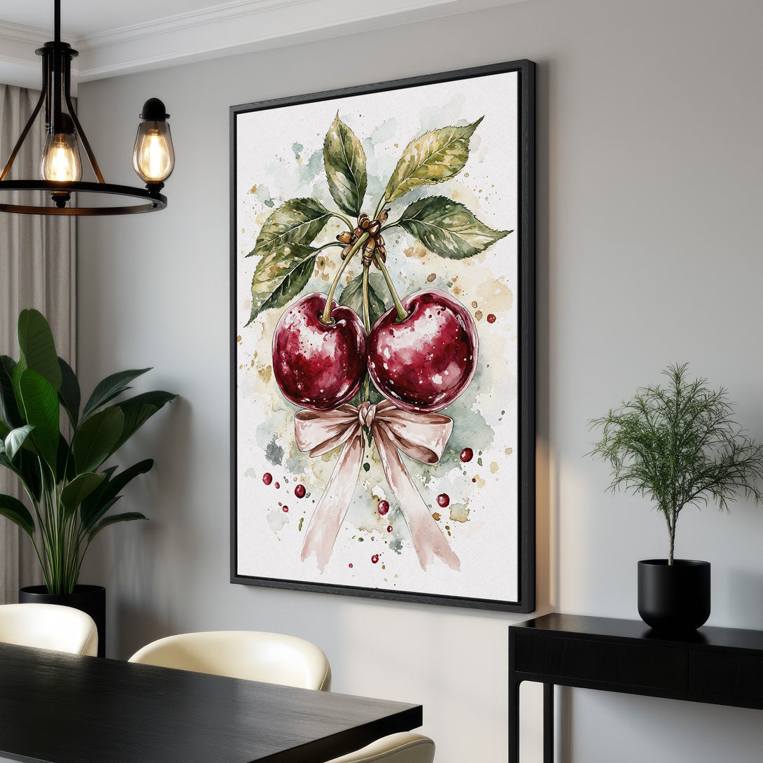 Framed Wall Art: Watercolor cherries print in a modern interior. Features a vibrant red and green color palette, perfect for kitchen or dining room decor.