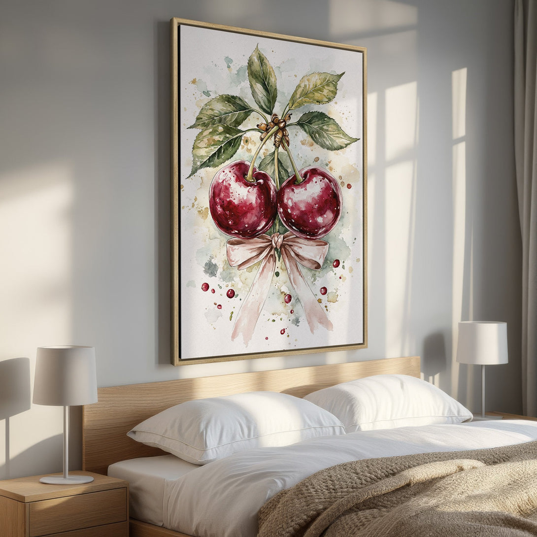 Framed Wall Art: Watercolor cherry artwork in a bedroom. Features a vibrant red and green color palette, perfect for adding a touch of nature.