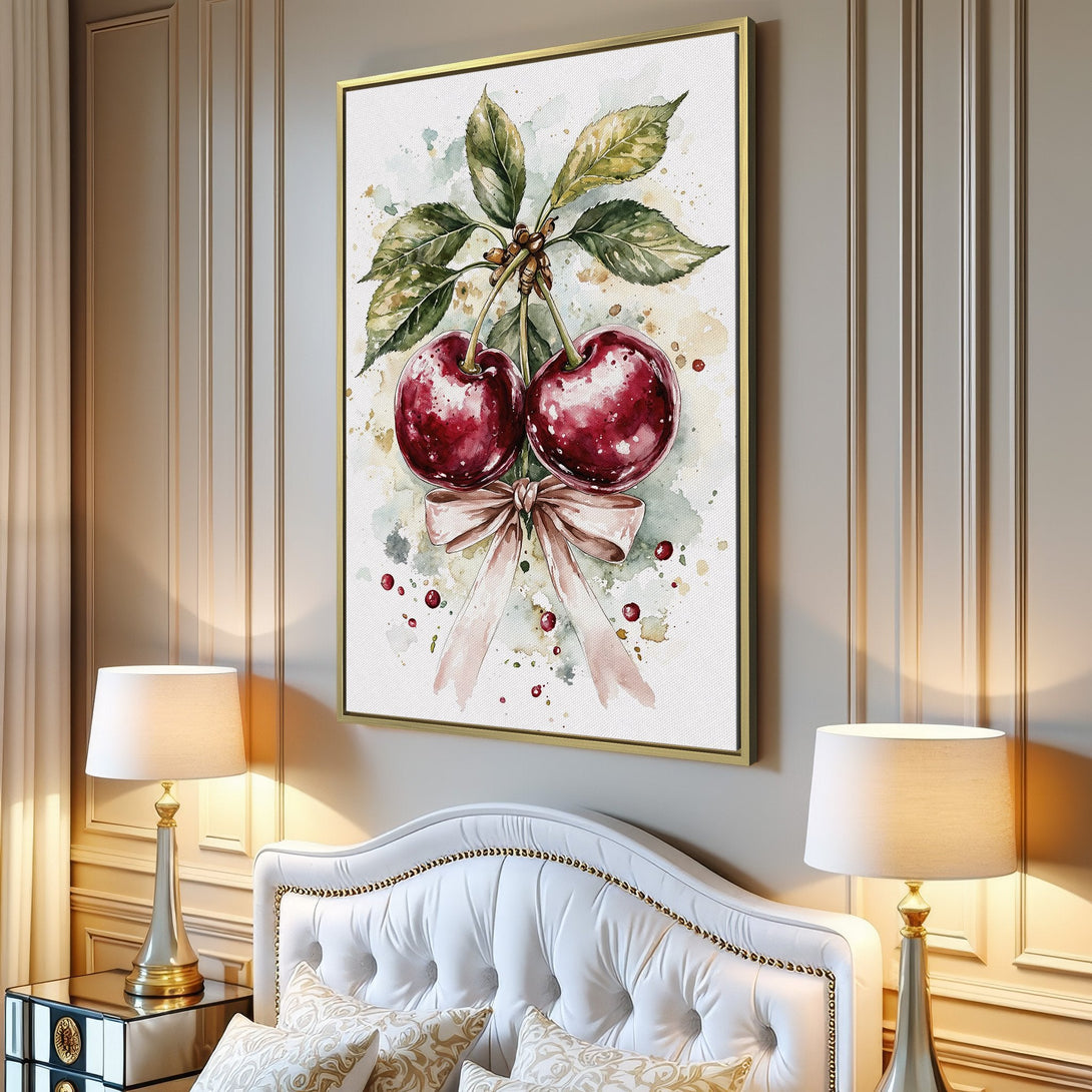 Canvas Print of watercolor cherries with a bow, perfect for kitchen or dining room decor. Features a red and green color palette.