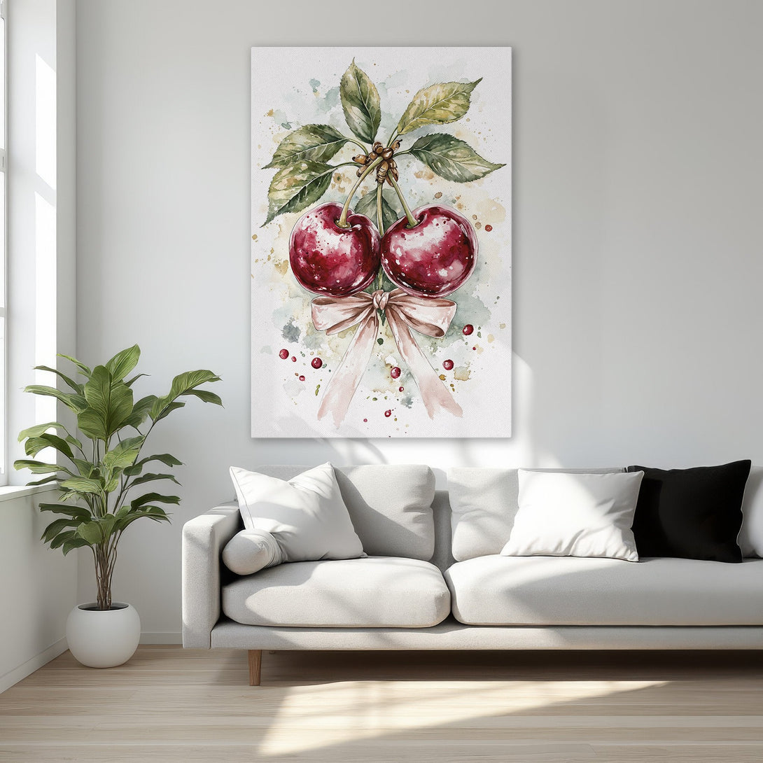 Framed Wall Art: Watercolor cherries painting in a bedroom. Features a red and green color palette with a soft, elegant style. Perfect for home decor.