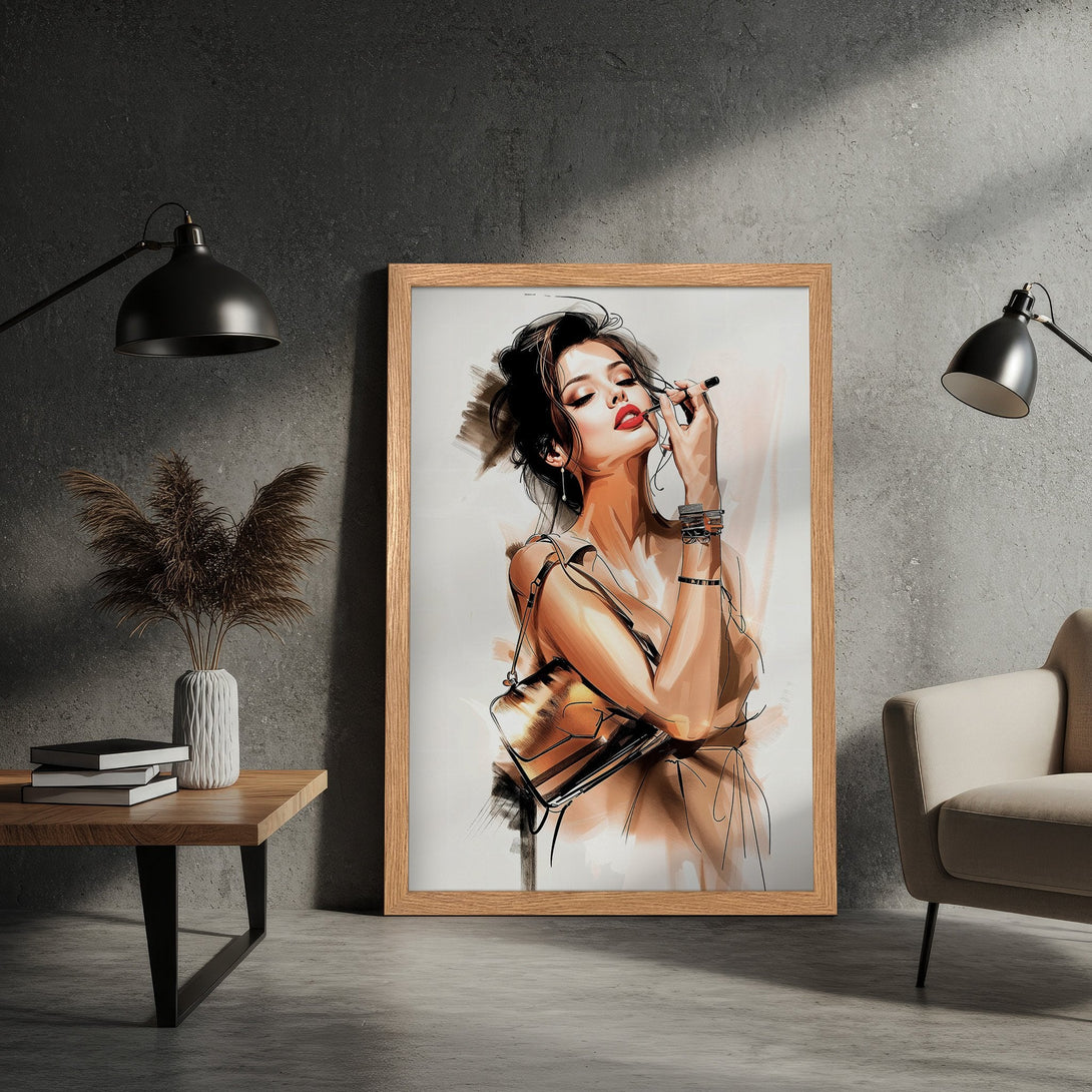 Framed Poster featuring a stylish woman applying lipstick. Artistic sketch style with a warm, neutral color palette. Perfect wall art!