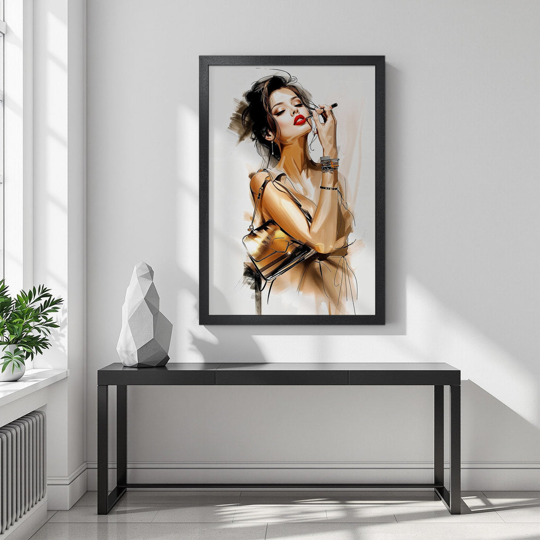 Framed Poster of a woman applying lipstick, stylish sketch art in neutral tones with a pop of red. Elevate your space with this stunning artwork.