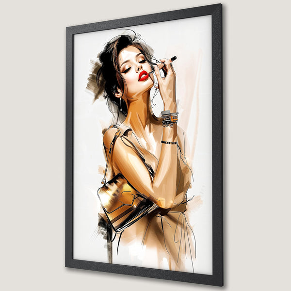 Framed Poster of a stylish woman applying lipstick. Modern art style with a warm, neutral color palette. Perfect wall decor.