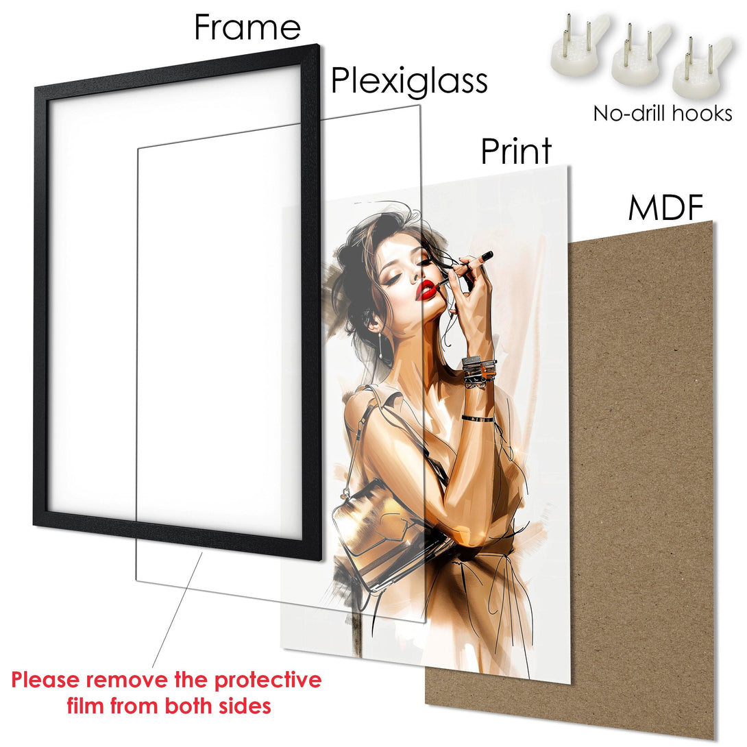 Framed Poster featuring a woman applying lipstick, artistic style, warm brown and red color palette. Perfect wall art!