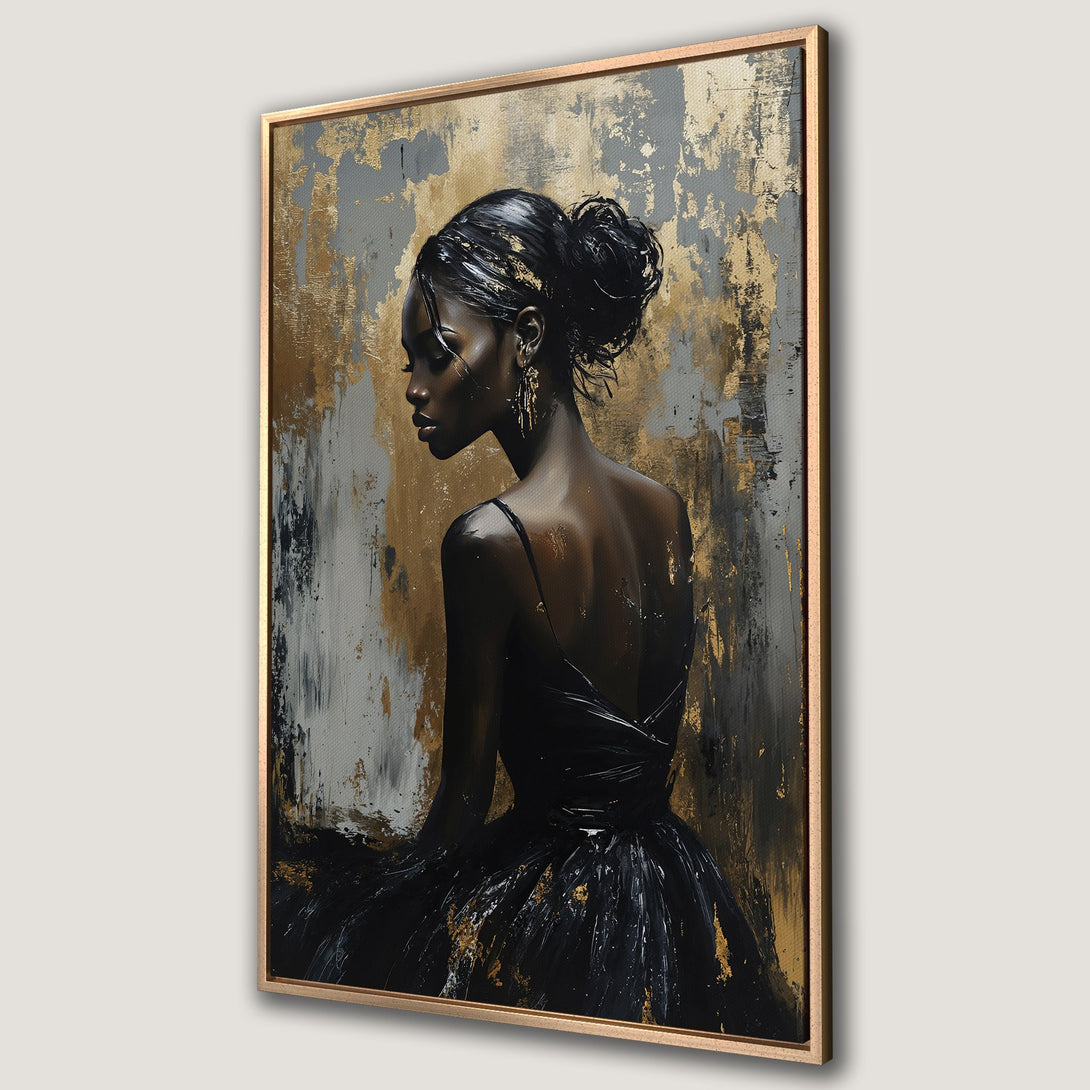 Framed Wall Art: Elegant woman in black dress, abstract style, gold, gray, and black color palette. Perfect for modern home decor.