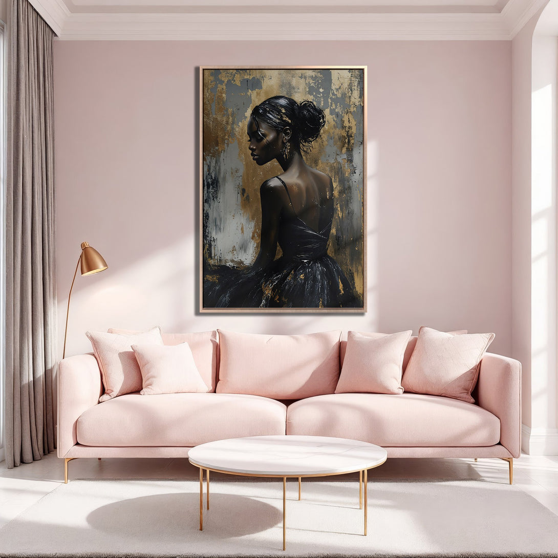 Framed Wall Art: Elegant portrait of a woman in black dress, gold & gray abstract background, displayed in a pink living room. Modern art for home decor.