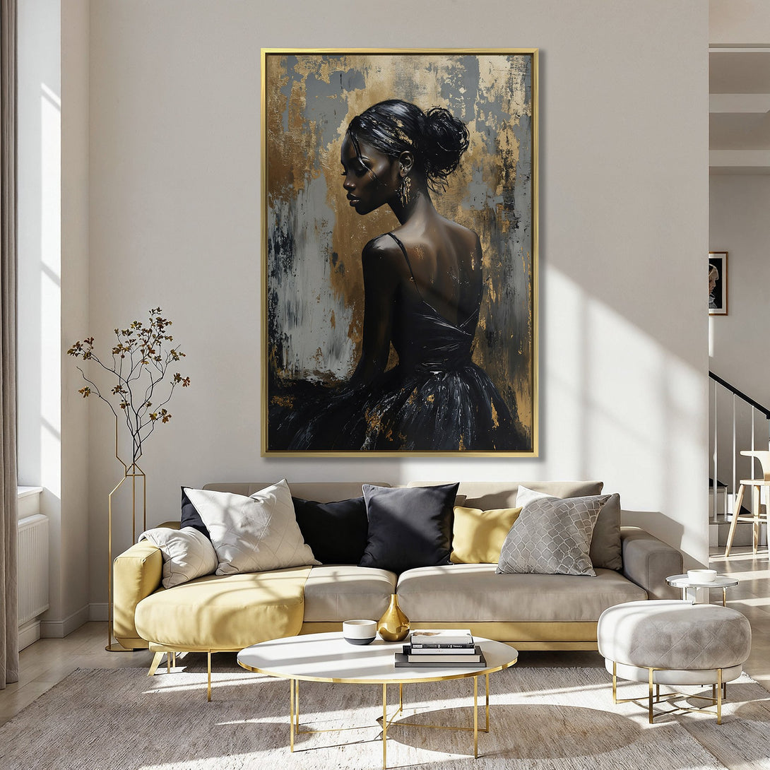 Canvas Print of elegant woman in black dress, abstract style, gold and black palette, perfect wall decor.