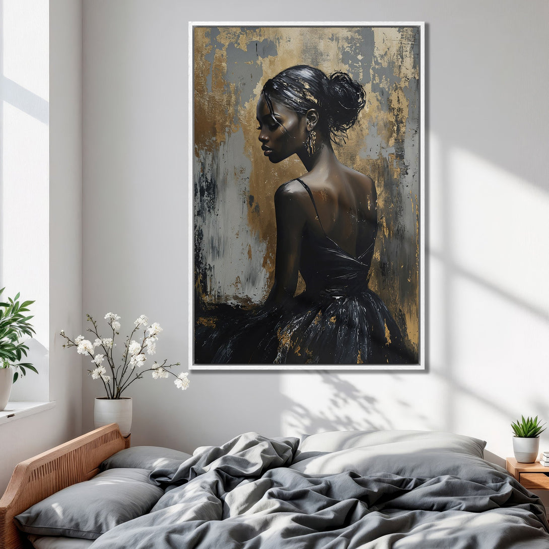 Framed Wall Art: Elegant woman in black dress, abstract art with gold and gray palette. Perfect bedroom decor, adds a touch of sophistication.