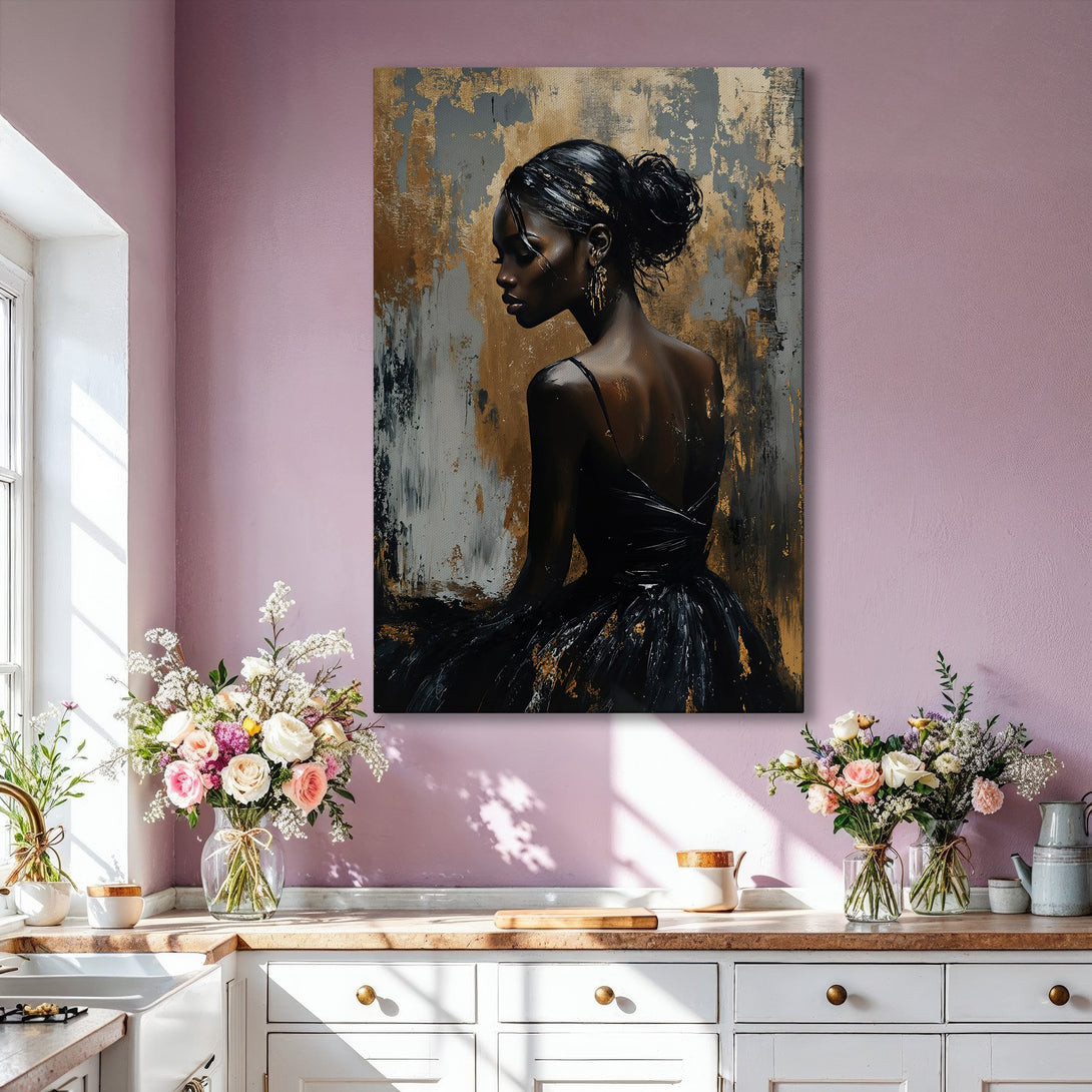 Framed Wall Art featuring a black woman in an abstract style with gold, grey, and black tones, displayed in a stylish interior. Elevate your space!