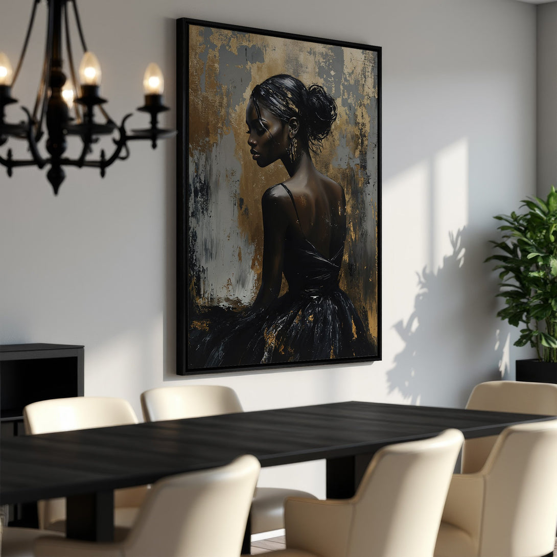 Framed Wall Art featuring a woman in a black dress, abstract style with gold and gray tones. Perfect for elegant home decor!