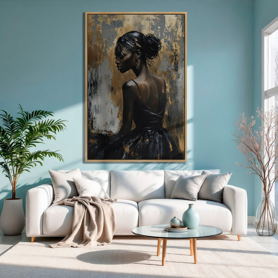 Framed Wall Art: Abstract portrait of a woman in black dress, gold accents. Modern art with a neutral, gold, and black color palette. Perfect home decor.