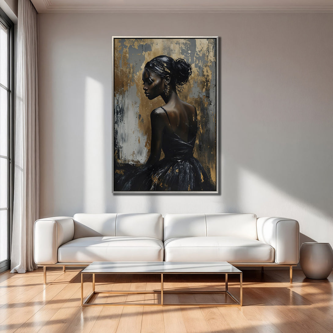 Framed Wall Art: Elegant woman portrait with gold and black accents, displayed in a modern living room. Perfect for adding sophistication to your space.