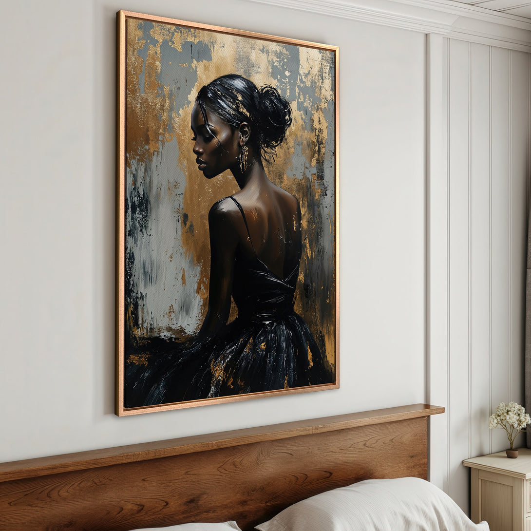 Framed Wall Art: Elegant portrait of woman in black dress. Abstract gold and gray background. Perfect for bedroom decor.