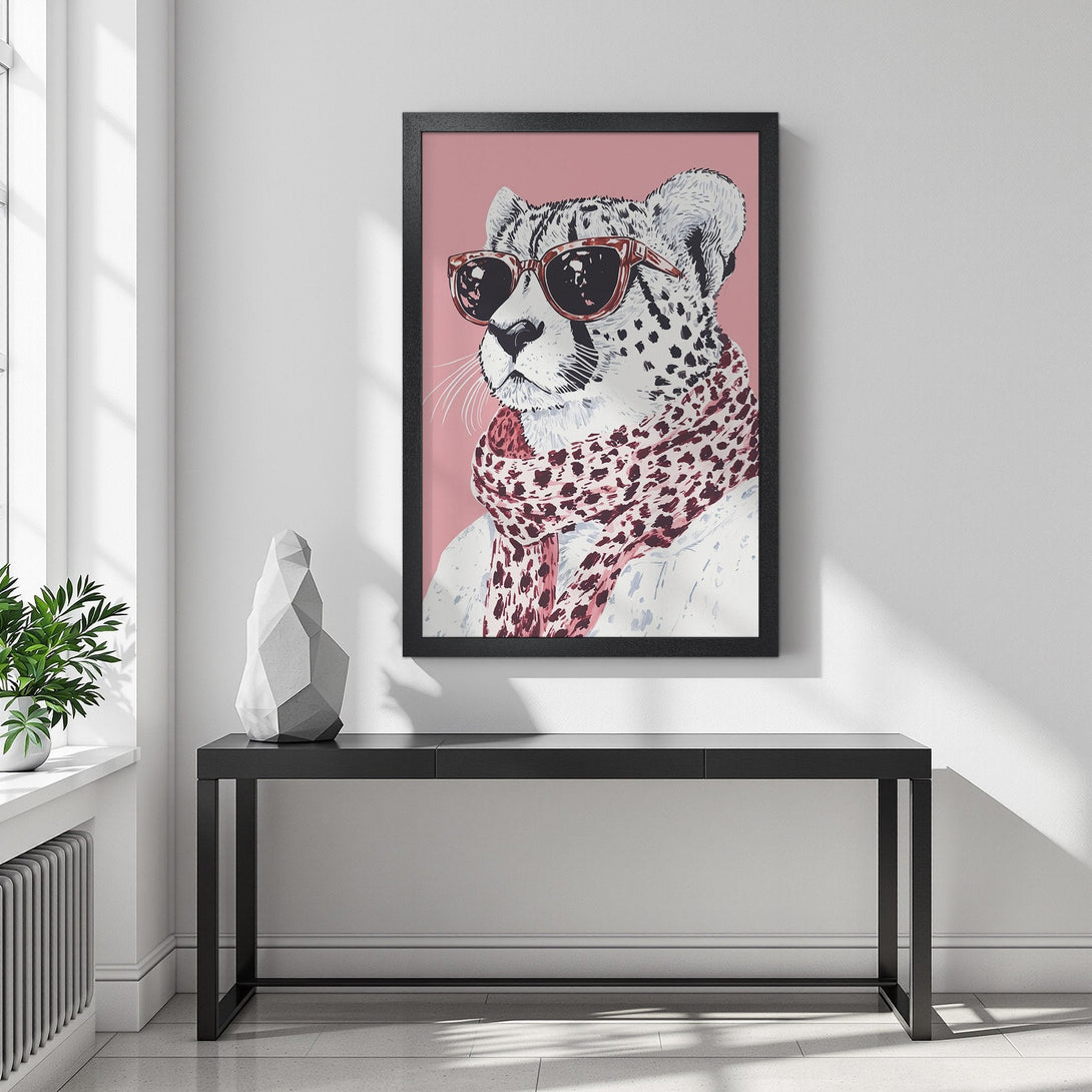 Framed Poster featuring a stylish cheetah wearing sunglasses and a scarf. Modern art with a pink, white, and black color palette. Perfect wall decor!