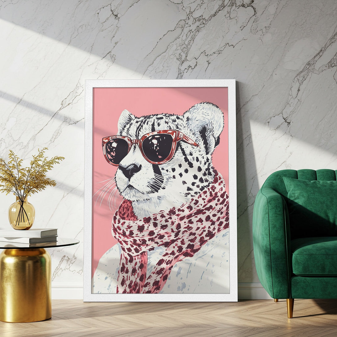 Framed Poster featuring a stylish cheetah with sunglasses and scarf. Modern art in pink, red, and white color palette. Perfect wall decor!
