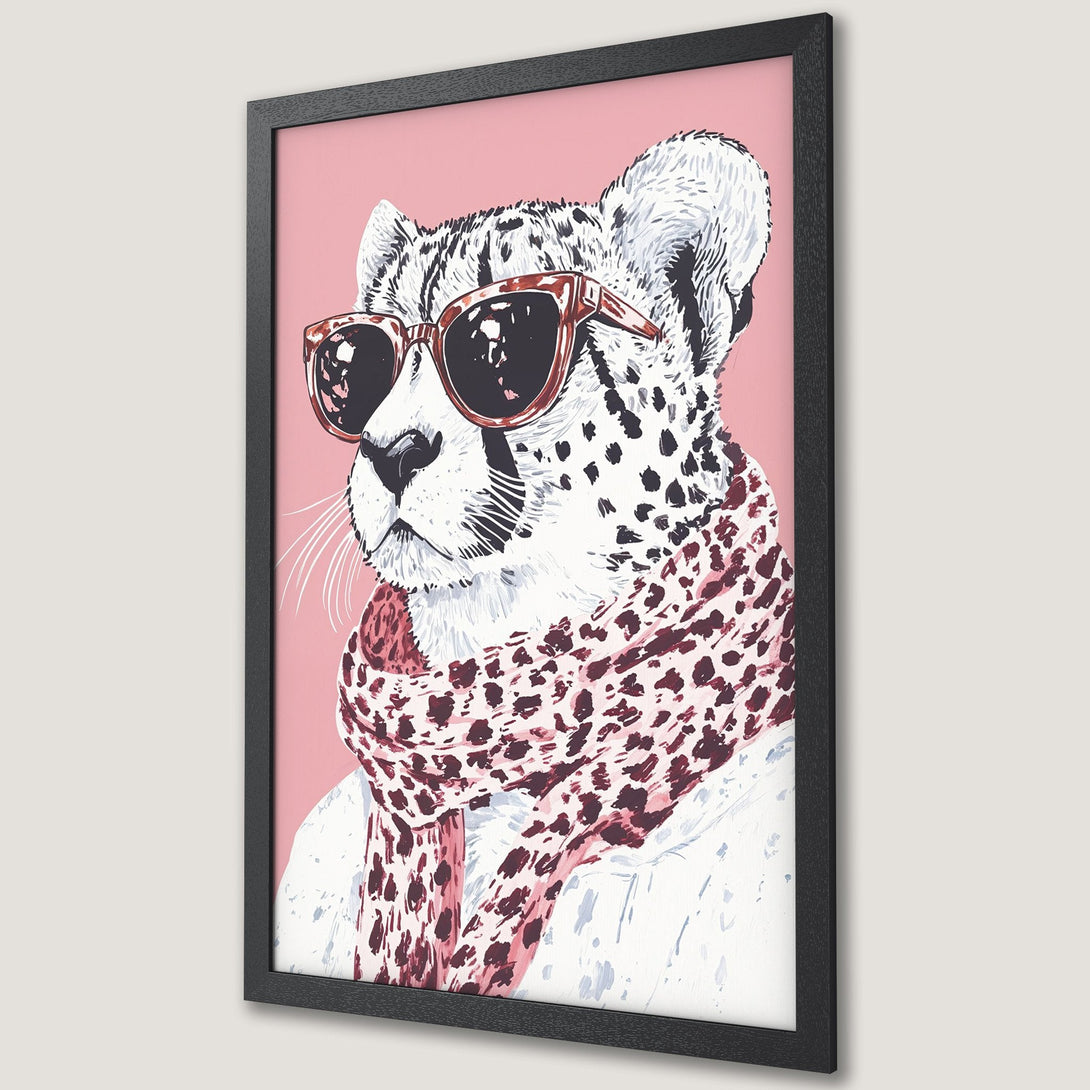Framed Poster featuring a stylish cheetah in sunglasses and scarf. Pop art style with pink, white, and burgundy color palette. Add a touch of cool!